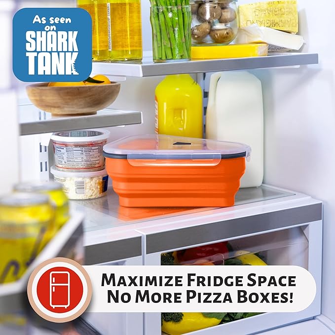 PIZZA PACK The Perfect Reusable Pizza Storage Container with 5 Microwavable Serving Trays - BPA-Free Adjustable Pizza Slice Container to Organize & Save Space, Orange 2 pk