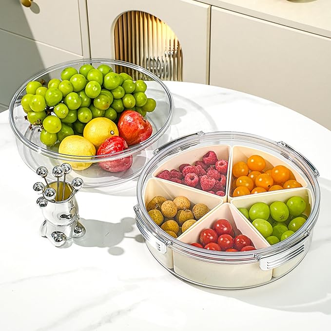 Beige Silver Round Plastic Divided Serving Tray with Lid, 5 Compartments Snack Tray Serving Platter for Biscuits, Fruit, Veggie, Candies and Hot Pot1