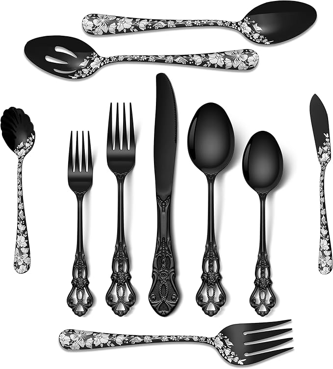 Stapava 65 Pcs Black Silverware Set with Serving Utensils, Gorgeous Retro Royal Silverware Set for 12, Stainless Steel Mirror Flatware Cutlery Set, Include Forks Spoons and Knives set, Dishwasher Safe