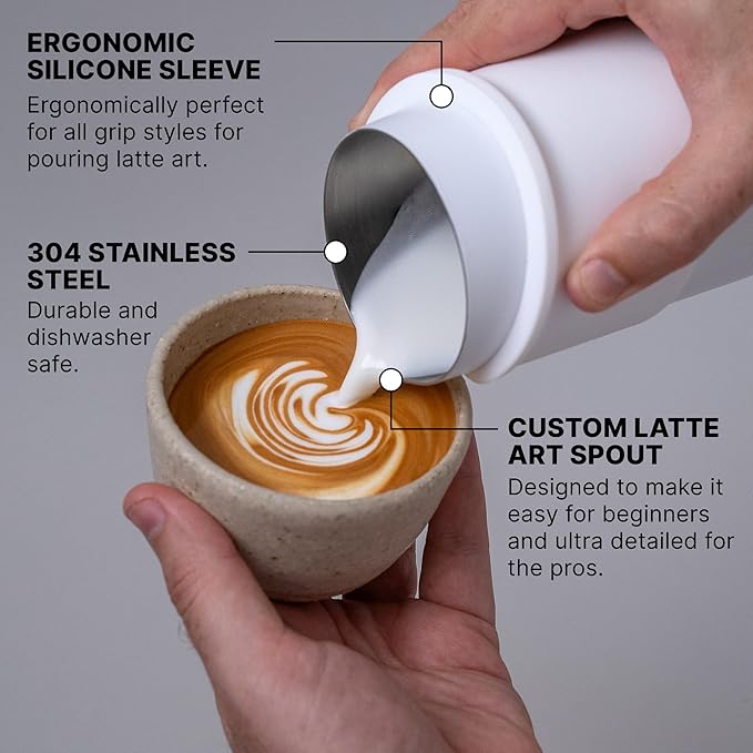 Subminimal FlowTip Handless Jug - Stovetop Milk Frothing, Foaming Pitcher for Barista-Style Coffee - Cappuccino & Latte Art Pouring Jug with Heat Resistant Handle - 450ml, White