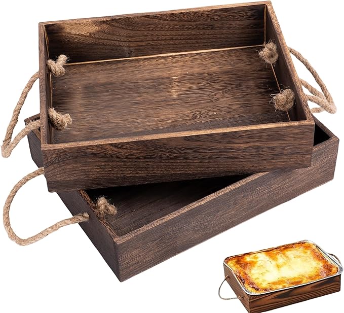 2 Pack Wooden Serving Tray for 9x13 Disposable Aluminum Foil Pans | Durable Wood Pan Holder for Baking, Party, Outdoor Gatherings, and Camping | Kitchen and Dining Essentials for Food and Desserts