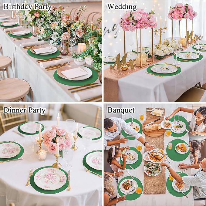 SHACOS 100 pcs Round Paper Placemats Disposable 13 inch Colored Paper Place Mats for Wedding Birthday Party Bridal Baby Shower Events Table Decoration, Dark Green