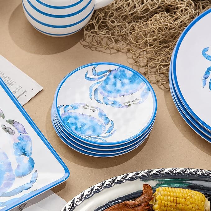 Beach House Crab 8-Piece Melamine Canapé Plate & Dip Bowl Set – Coastal Serveware for Appetizers, Snacks, Dips & Desserts – Shatterproof, Chip-Resistant, Indoor/Outdoor Dining & Entertaining