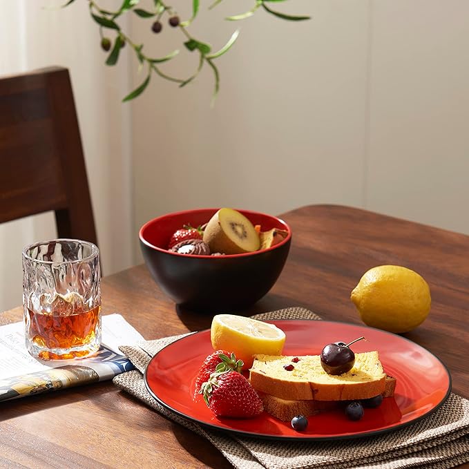 TP 12-Piece Dinnerware Set, Melamine Dishes Set with Bowls and Plates, Non-breakable and Lightweight Dinner Service for 4, Matt Black and Red