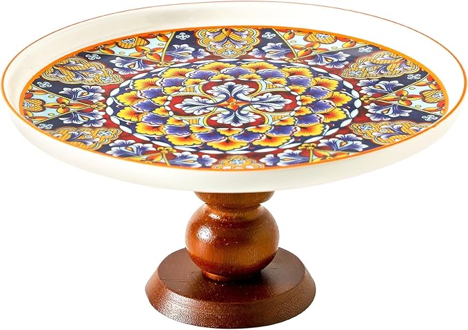 Ceramic Cake Stand with Elegant Wood Curved Footed, 8” Versatile Dessert Stand, 2-in-1 Dessert Table Display Set & Charcuterie Board for Birthday/Kitchen/Party/Charcuterie,Orange