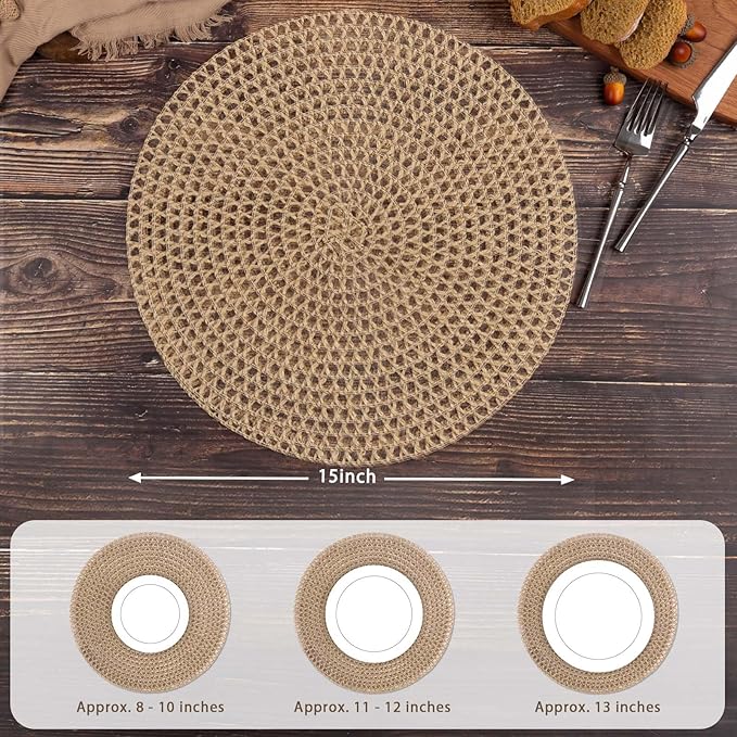 Noctiflorous Round Burlap Placemats Set of 6 Jute Rustic Place Mats for Dining Table Heat Resistant Natural Farmhouse Table Mats Decor (Jute Knit, 6)