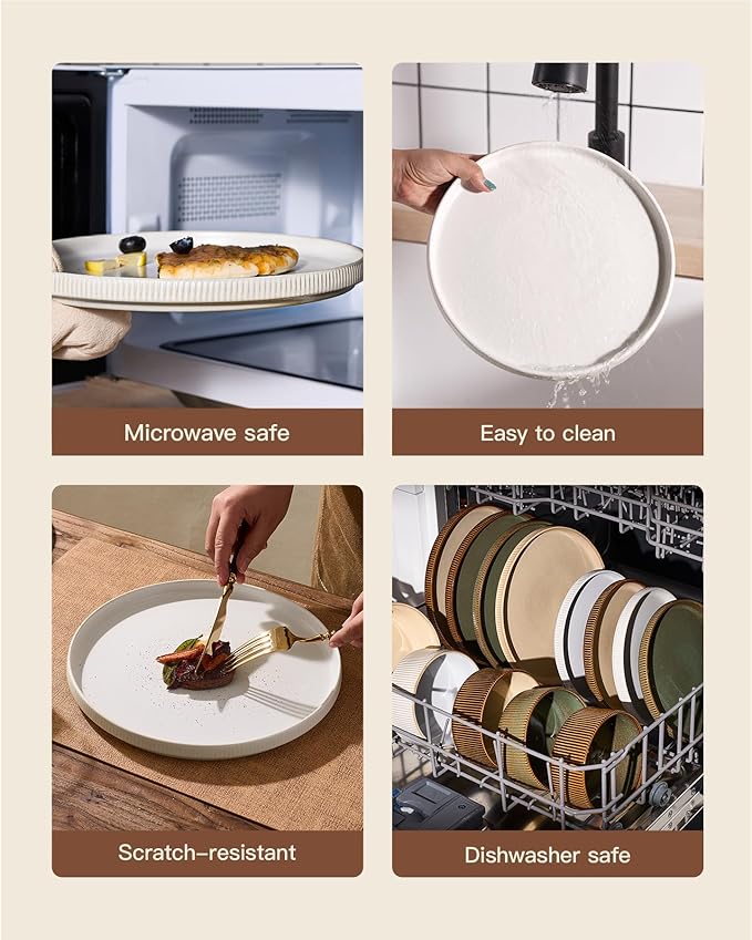 24-Piece Dinnerware Set for 8, Famiware Premium Stoneware Dish Set with Ribbed Plates and Deep Bowls, Double Reactive Glaze, Chip & Scratch Resistant, Microwave & Dishwasher Safe, Matte Reactive White