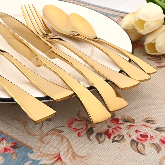 24-Piece 304 Silverware Set, Mirror Polish Serving Flatware Cutlery Set Include Steak Knife Fork Spoon, Wedding Kitchen Restaurant Utensils Daily Use, Service For 4, Gold