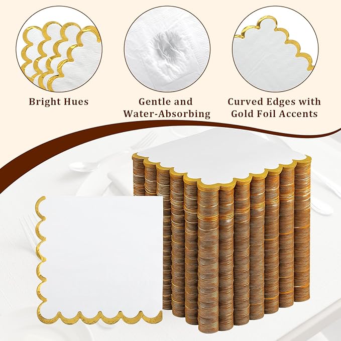 200 Pcs White and Gold Napkins, Scalloped Napkins Cocktail Napkin Paper with Gold Foil Disposable Beverage Napkin Golds Cocktails Napkines Bulk for Dinner Wedding Birthday Party Beverage