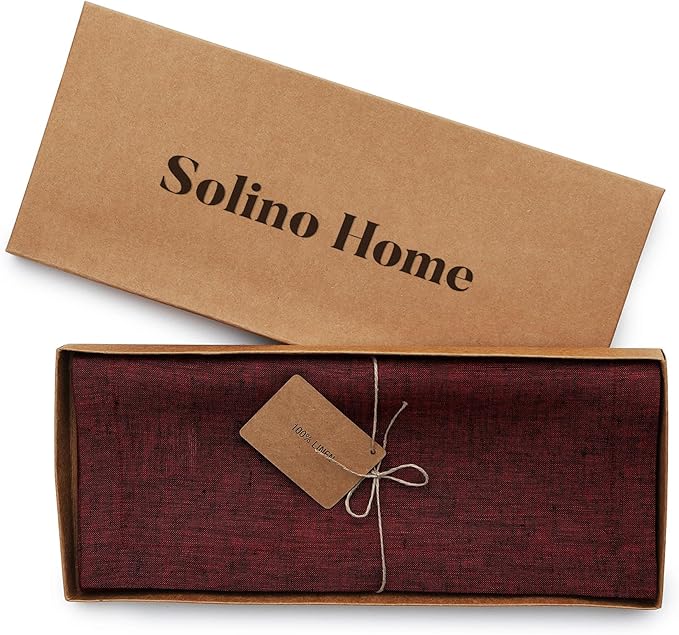 Solino Home Linen Table Runner 144 Inches Long - Athena, 100% Pure Linen Red Garnet Dining Table Runner 14 x 144 Inch for Valentines