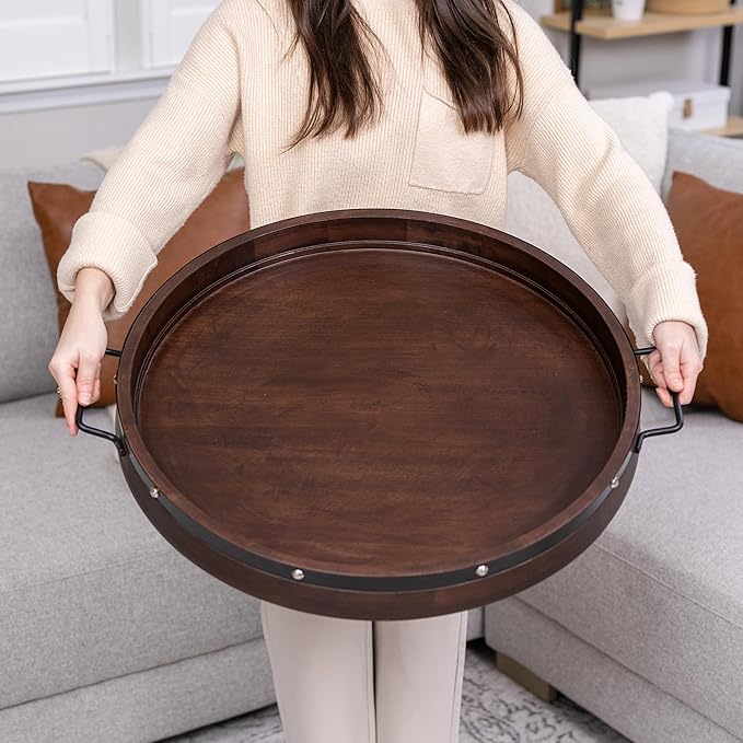 24" Extra Large Round Ottoman Tray, Heavy Duty Mango Wood, for Serving Tea, Breakfast in Bed, Living Room Large Coffee Table Tray Rustic with Farmhouse Style, Decorative Handles and Accent Strap