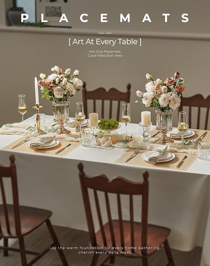 Leetaltree Sparkling Gold Sequin Woven Vinyl Placemats, Set of 8 - Waterproof & Washable Dining Table Mats for Wedding, Anniversary, Daily Use, Hand-Cut