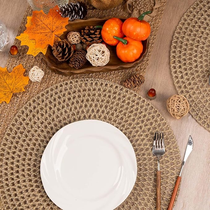 Noctiflorous Round Burlap Placemats Set of 6 Jute Rustic Place Mats for Dining Table Heat Resistant Natural Farmhouse Table Mats Decor (Jute Knit, 6)