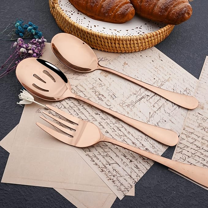 JASHII 25-Piece Fork Spoon Knife Silverware Set with Serving Utensils for 4, Food Grade Stainless Steel Flatware Cutlery Set for Home and Restaurant, Dishwasher Safe - Shiny Rose Gold