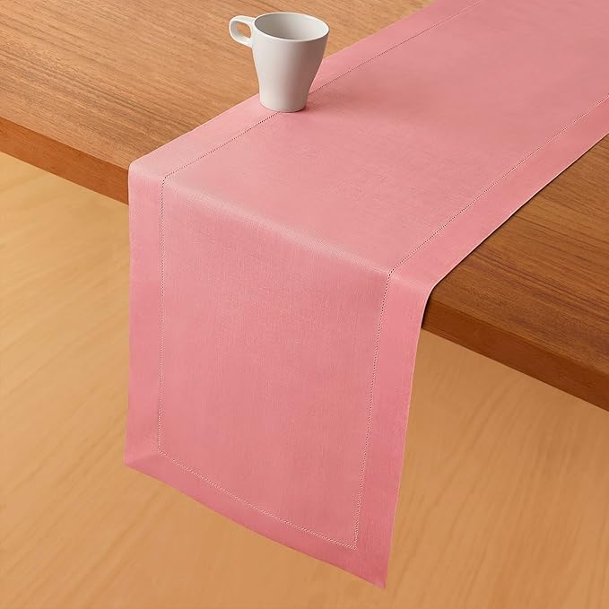 D'Moksha Homes Linen Dusty Pink Table Runner 54 Inches - Classic Hemstitch, 100% Pure Linen Coffee Table Runner 14 x 54 Inch Ideal for Dresser Tables - Winter, Christmas, Holiday, New Year