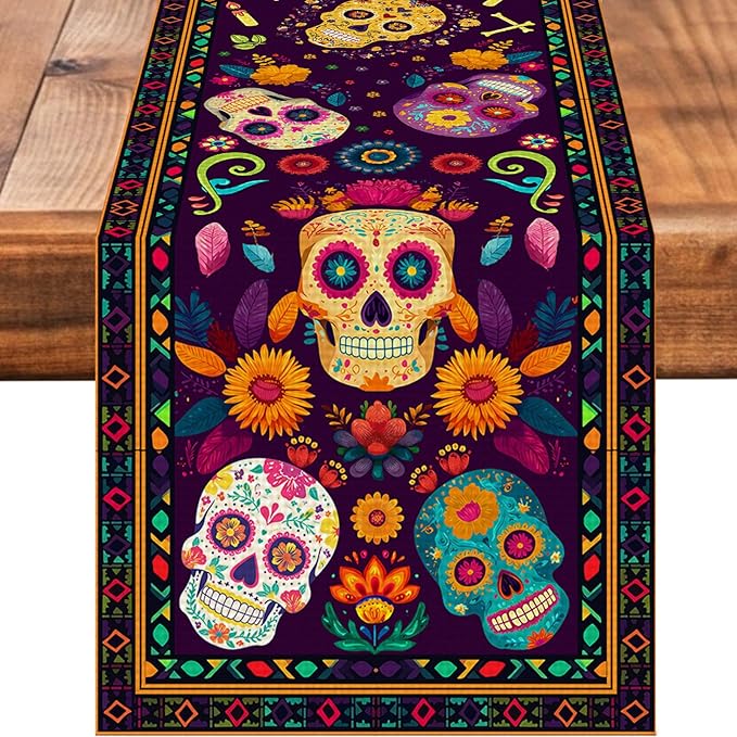Mexican Skull Flowers Table Runner Seasonal Holiday Kitchen Dining Linen Table Decoration for Indoor Outdoor Home Party Decor 13 x 72 Inch