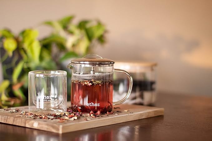 ethoz® Glass Tea Brewer – Premium Loose-Leaf Infuser, Borosilicate Chamber, Stainless Steel Strainer, 14 fl.oz. / 400 mL, Minimalist Design, Sustainable & Easy to Clean