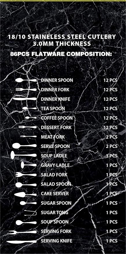 Lorren Home Trends 86 Piece 18/10 Stainless Steel and Gold Flatware Set, Service for 12, Chest included