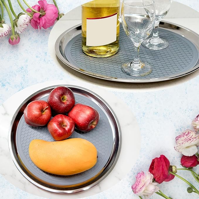 Stainless Steel Round Serving Tray 13.3 Inches Bar Silver Tray 2 Packs