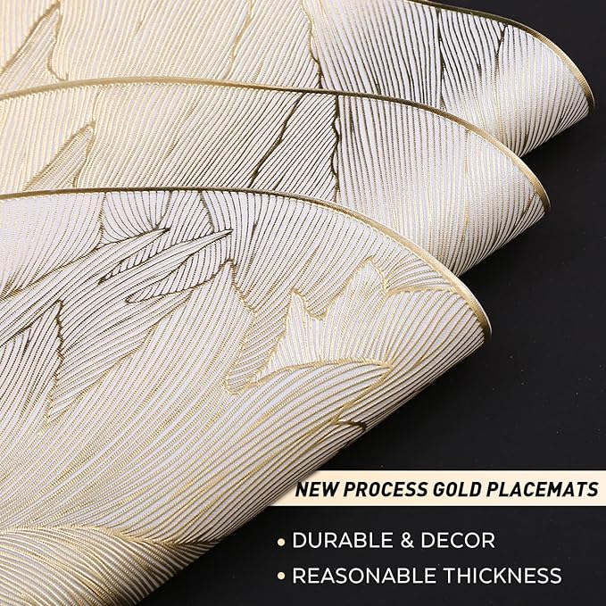 FAVE 12PCS Round Placemats Feather Pressed Vinyl Placemats Set of 12 Slip Resistant Table Mats Wipeable Gold Placemat for Table Decor Holiday Wedding Accent(Golden Feather, 12PCS)