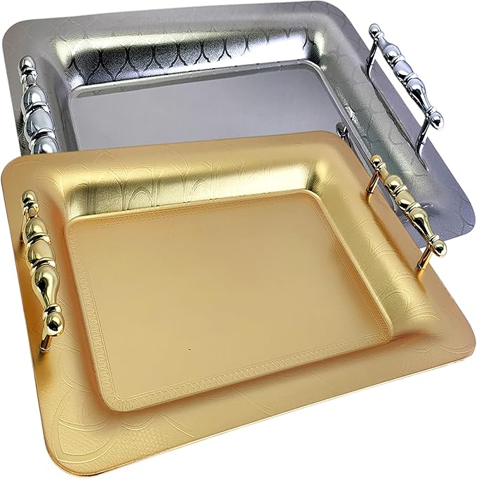 (Pack of 2) 15.7 inch x 11 inch Oblong Chrome Iron Gold Plated Serving Tray with Handles Stylish Design Different Leaf Floral Engraved Edge Wedding Dessert Buffet Platter Plate NC-008