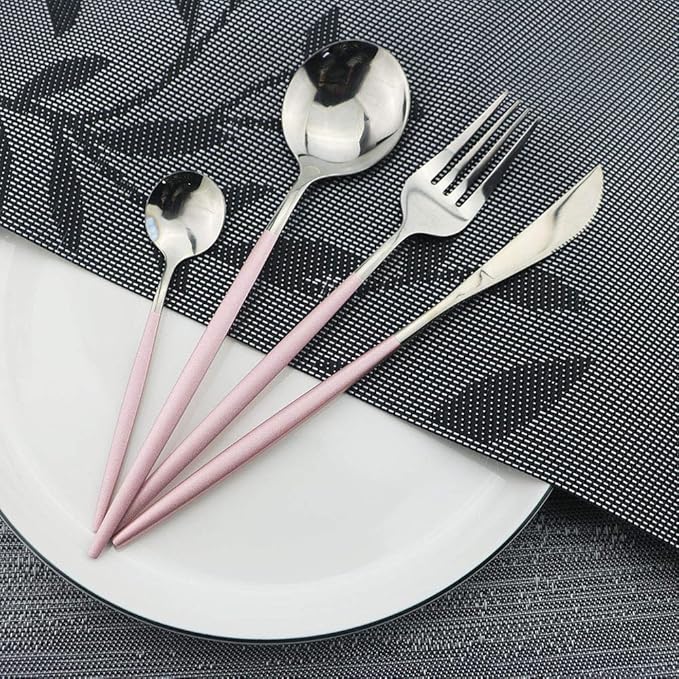 JASHII 24pc Titanium Pink Plated Stainless Steel Flatware Set, Pink Handle Silver Mouth Cutlery Service for 6
