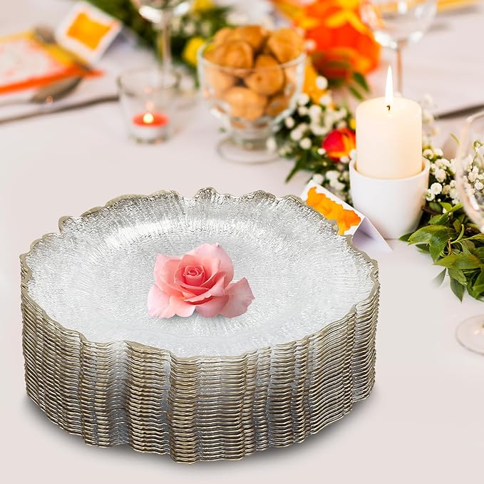 100Pcs Antique Clear Charger Plates, 13" Round Decorative Reef Chargers for Dinner Plates, Reusable Plastic Charger Plates Bulk with Gold Rim for Wedding, Dinner, Party, Bridal Shower