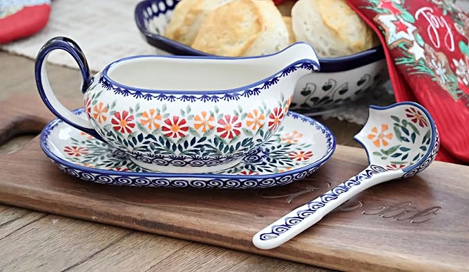 Blue Rose Polish Pottery Garden Bouquet Gravy Boat & Ladle