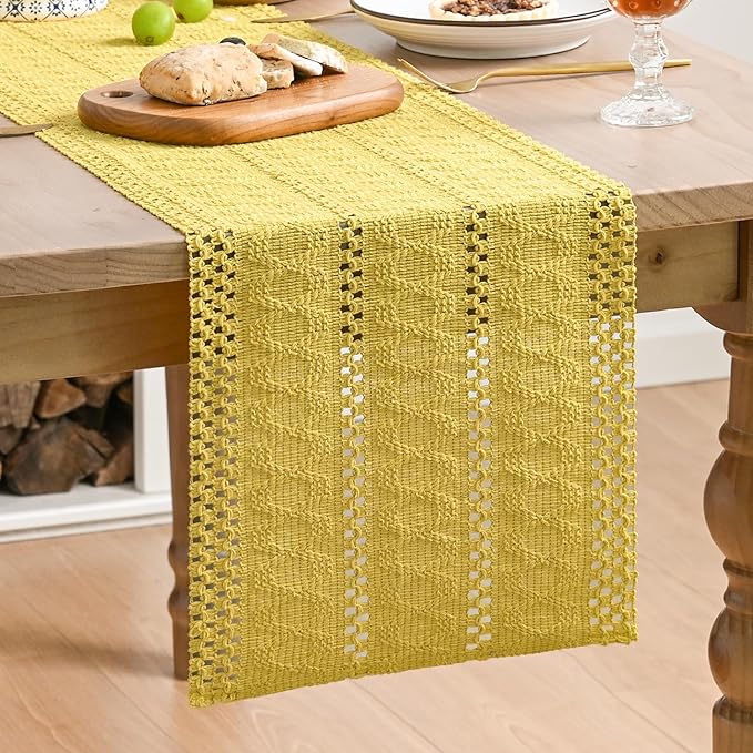 Artoid Mode Yellow Farmhouse Woven Rustic Hollow Table Runner, Seasonal Holiday Hollow Kitchen Dining Table Decoration for Home Party Decor 12x36 Inch