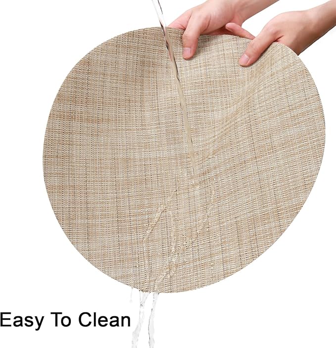 Round Placemats Set of 4 Heat Resistant Vinyl Placemats 15 inch Washable Non-Slip Table Mats Woven Place Mats for Dining Table (Beige, Set of 4)