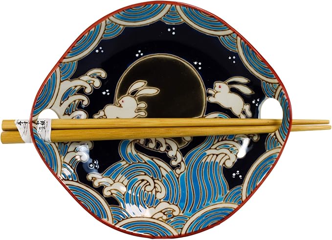 Ebros White Rabbits Jumping Over Black Moon Appetizer Snack Serving Coupe Plate Dish With Chopsticks And Built In Rest Set Small Flat Bowl For Hors D'oeuvres Sushi Ice Cream Serveware Plates (2)
