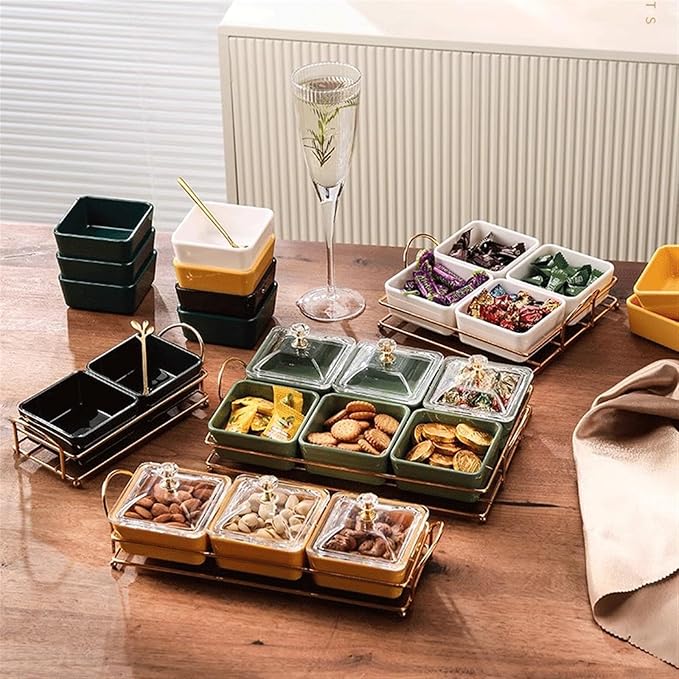 Divided Spice Plate with Lid, Metal Tray, Removable Compartment, Dipping Bowls for Appetizers, Fruit, Ice Cream, Sweets, Nuts, Snacks, Chips, Dip Bowls, Ceramic Sauce Plates (Colour: B)