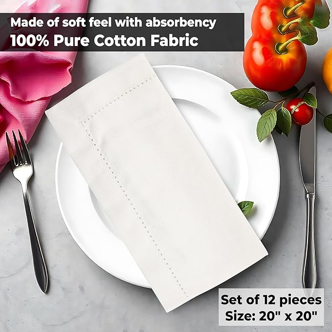 Urban Villa Cloth Napkins Ivory Hemstitch Dinner Napkins Set of 12 (20X20) 100% Cotton Absorbent Washable Durable Reusable Ideal for Hotel Collection Christmas Parties Restaurant Lunch Dinner Napkins