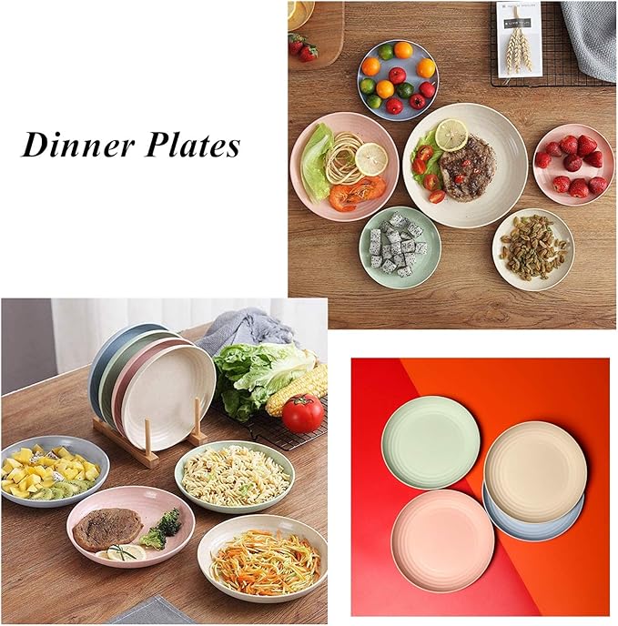WANBY Lightweight Wheat Straw Plates Unbreakable Dinner Dishes Plates Set Dishwasher & Microwave Safe (Big 8 Pack 8')
