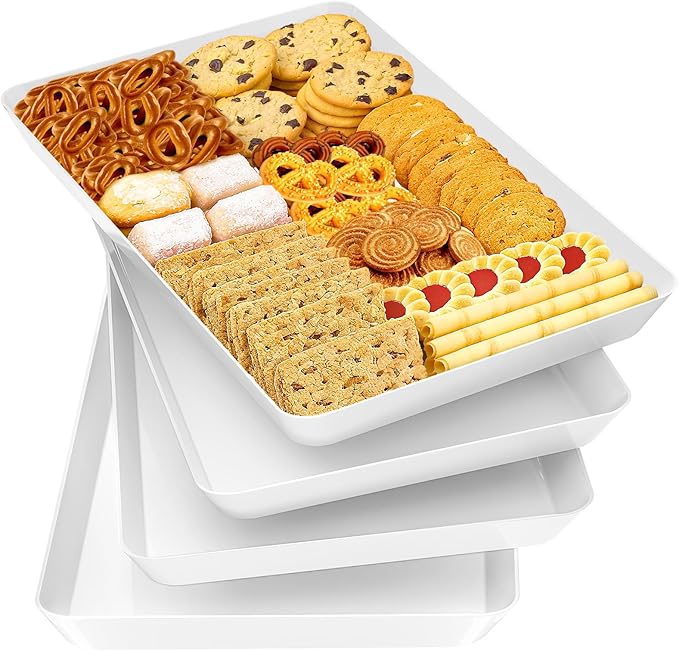4-Pack Serving Tray Set, Reusable Plastic Serving Platter for Party Supplies, Entertaining, Grilling Accessories, Stackable Kitchen Snack Box Container for Dessert, Fruit, Cookie, (White)