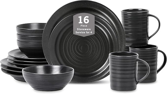 Stone Lain Orbit 16-Piece Round Stoneware Dinnerware Set, Charcoal, Service for 4 with Plates, Bowls & Mugs, Durable Ceramic Kitchen Tableware, Dishwasher & Microwave Safe