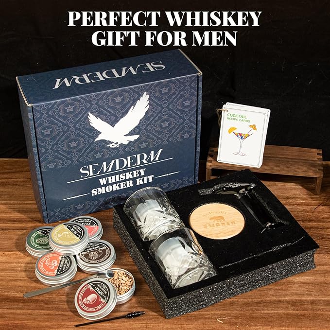 Ultimate Whisky Smoker Kit Old Fashioned Smoker Kit with Torch - 6 Flavor Wood Chips, 2 Glasses, 2 Ice Ball Molds - Cocktail Smoker Kit Gifts for Men, Dad, Bourbon Smoker Kit Lovers (No Butane)