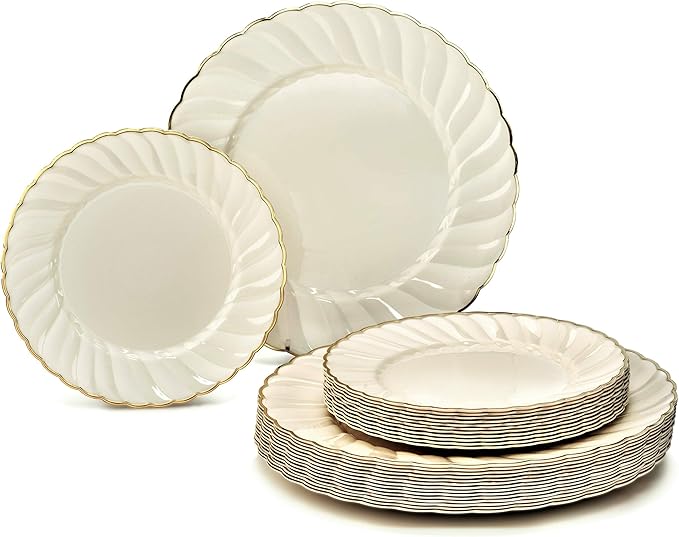 " OCCASIONS " 50 Plates Pack (25 Guests)-Vintage Wedding Party Disposable Plastic Plate Set -25 x 10.25'' Dinner + 25 x 7.5'' Salad/dessert plates (Blossom Ivory & Gold)