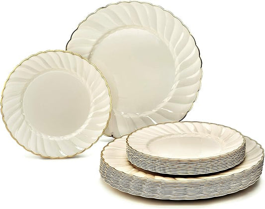 " OCCASIONS " 50 Plates Pack (25 Guests)-Vintage Wedding Party Disposable Plastic Plate Set -25 x 10.25'' Dinner + 25 x 7.5'' Salad/dessert plates (Blossom Ivory & Gold)