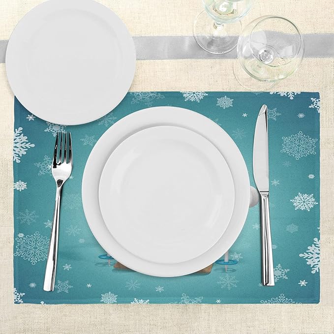Ambesonne Snowman Place Mats Set of 4, Skiing with Ornate Snowflakes Winter Vacation Activity Fun Hobby, Washable Fabric Placemats for Dining Table, Standard Size, Brown Turquoise
