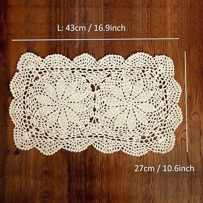 Handmade Rectangle Doilies, 2-Piece Handmade Crochet Cotton Doilies Lace Table Crochet Placemats Coaster (Beige)