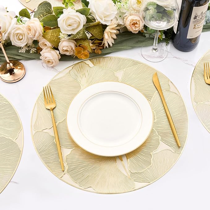 Gold Round Placemats Set of 6 Metallic Pressed Vinyl Place Mats for Dining Table Centerpiece Decor Ginkgo Leaf Table Mats Non Slip Heat Resistant 15 Inch