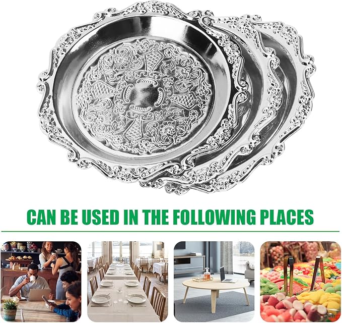 6pcs Serving Tray Set, 4in Small Vintage Decorative Round Metal Platters, Reusable Serving Dishes Party Appetizer Tray for Snack Fruit Sushi Buffet, Silver