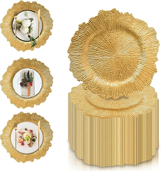 PROY 100 Pcs Gold Charger Plates Bulk, 13" Gold Reef Charger Plates for Wedding, Thanksgiving, Christmas, Plastic Chargers for Dinner Plates