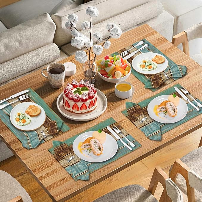 Mcalk 4 Each Farmhouse Teal Placemats and Cloth Napkins Set of 8, Modern Art Placemat, Rustic Country Cloth Napkin for Home Kitchen Decor (Placemats 18 "x12 Napkins 18 "x18)