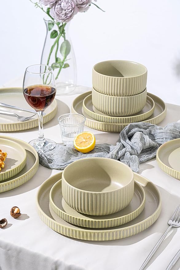 Dinnerware Sets for 4,Microwave Safe Plates and Bowls Sets,12 Piece Dylan Dish Set,Reactive Glaze Stoneware Dinnerware Set (Matte Reactive Glaze-Sage Green, Service for 4 (12pcs))