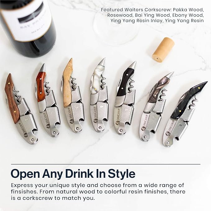 Hicoup Wine Opener - Professional Corkscrews for Wine Bottles w/Foil Cutter and Cap Remover - Manual Wine Key for Servers, Waiters, Bartenders and Home Use - Stainless Steel With Pakka Wood Inlay