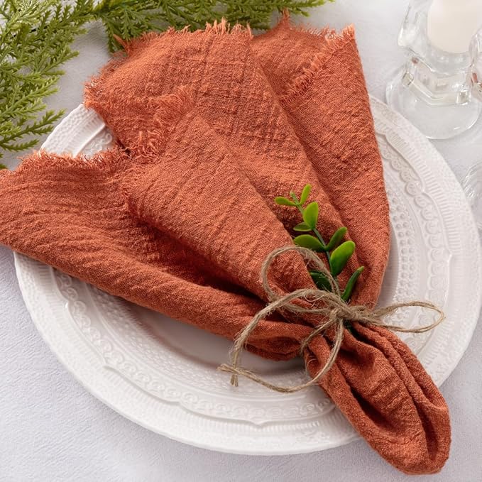 Socomi Set of 6 Linen Napkins Terracotta Easter Spring Cloth Napkins Washable Cotton Dinner Napkins Fringe 17"x17" for Wedding Party Bridal Baby Shower Birthday Table Decorations