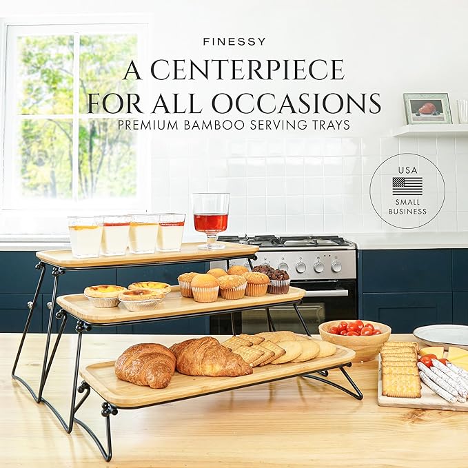 FINESSY 3 Tier Serving Tray for Party Dessert and Appetizer Stand, Wooden Three Tiered Serving Tray Stand & Platter Tower Plate for Food Fruit Cookie Afternoon Tea Hosting, Dessert Table Display Set