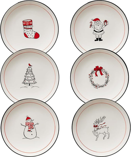 LEHAHA Ceramic Christmas Plates, 6 inch Porcelain Holiday Round Appetizer Plates, Set of 6 Plates for Kitchen, Great for Dessert,Appetizer,Cake. Dishwasher and Microwave Safe